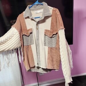 BKE Women's Corduroy and Knit Jacket - Cream, Brown, Tan